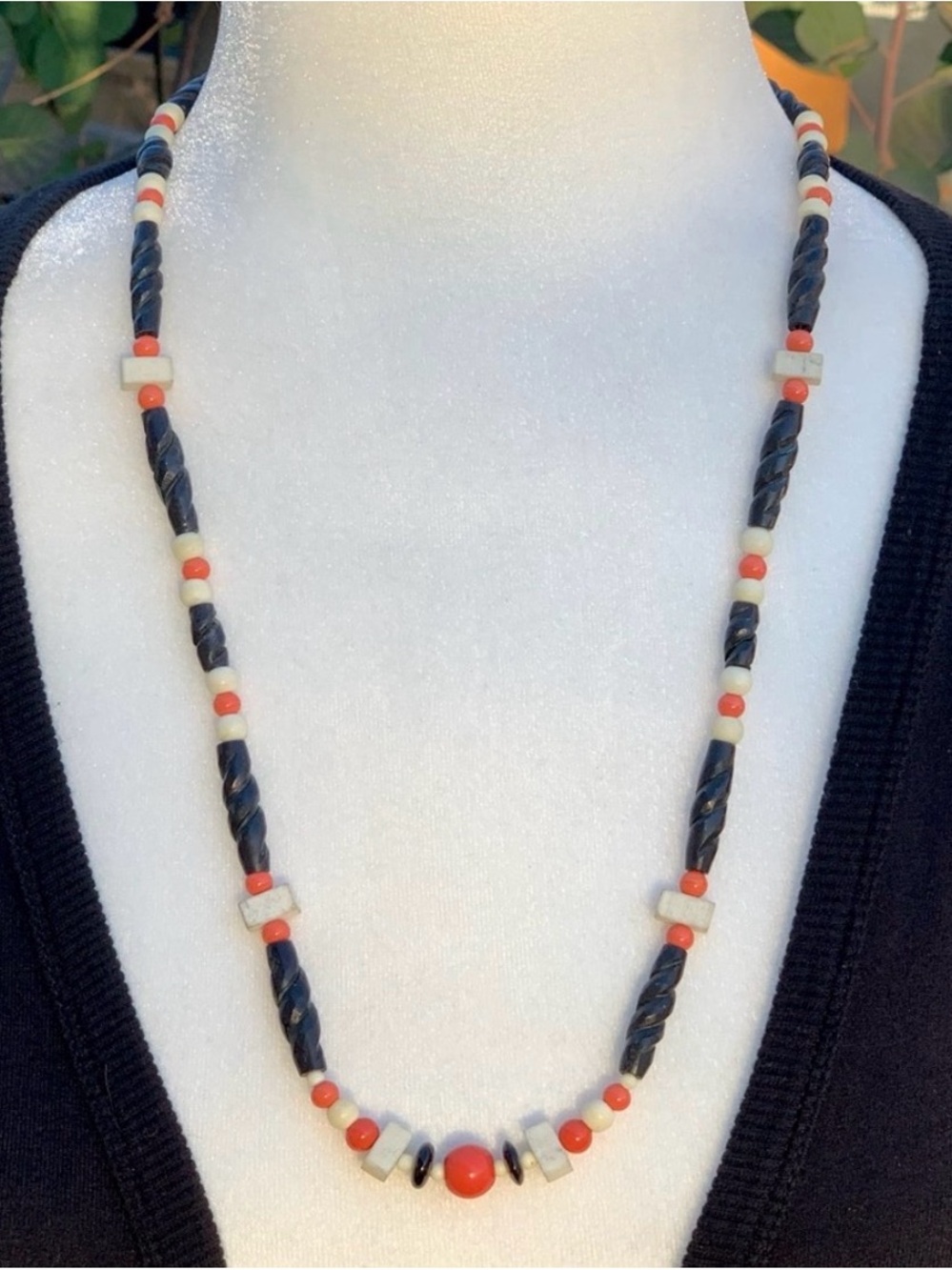 Handmade Black, Peach and White Multi-Shapes Beaded 26” Necklace